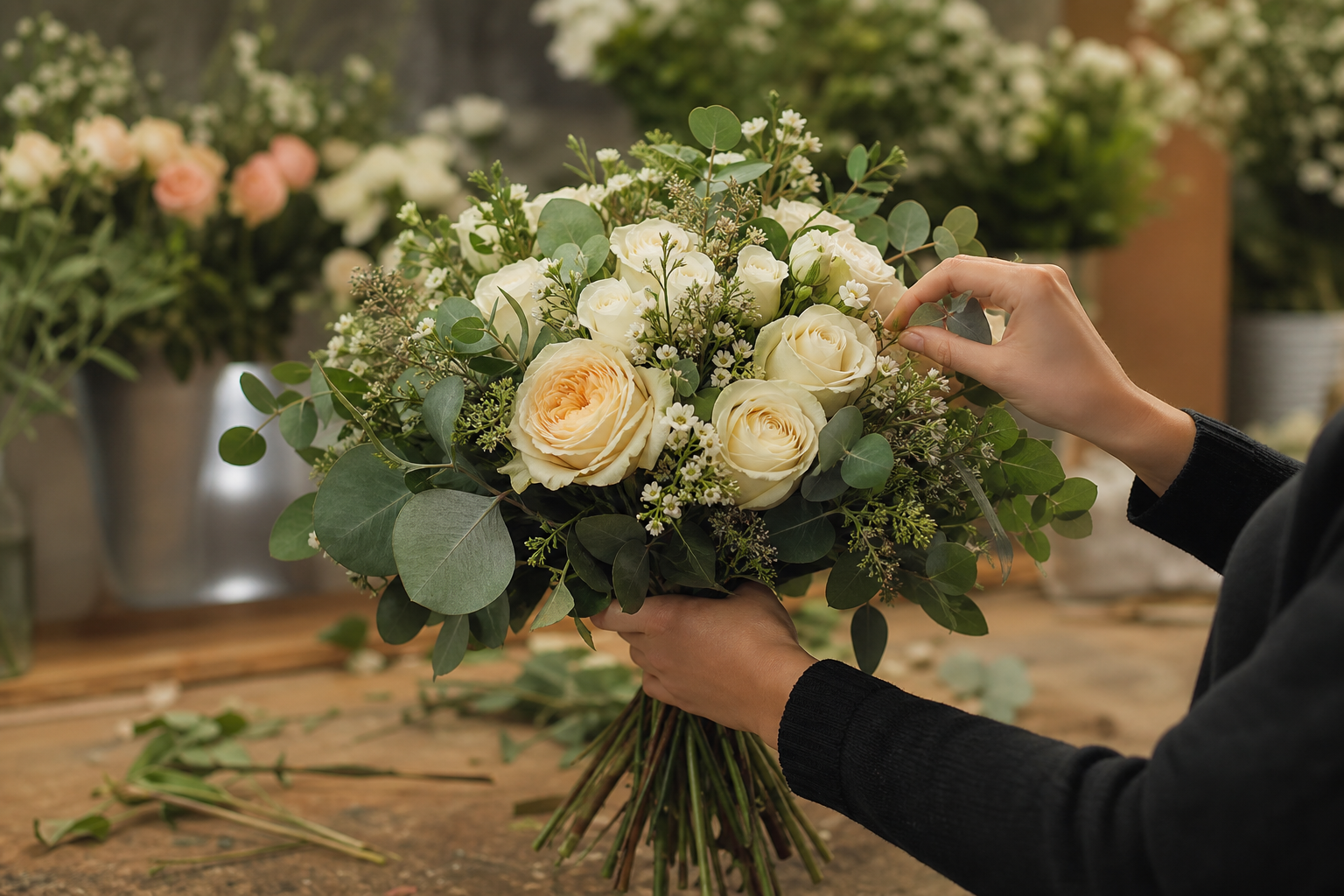 Florist arranging a bouquet at the studio workbench