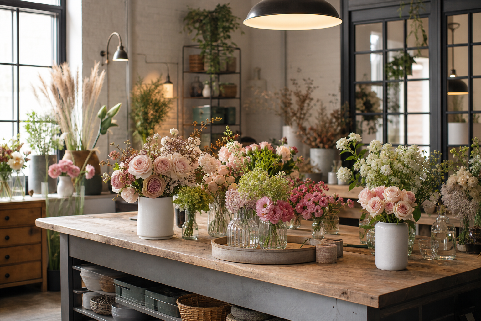 Floral design studio with seasonal bouquets on a wooden workbench