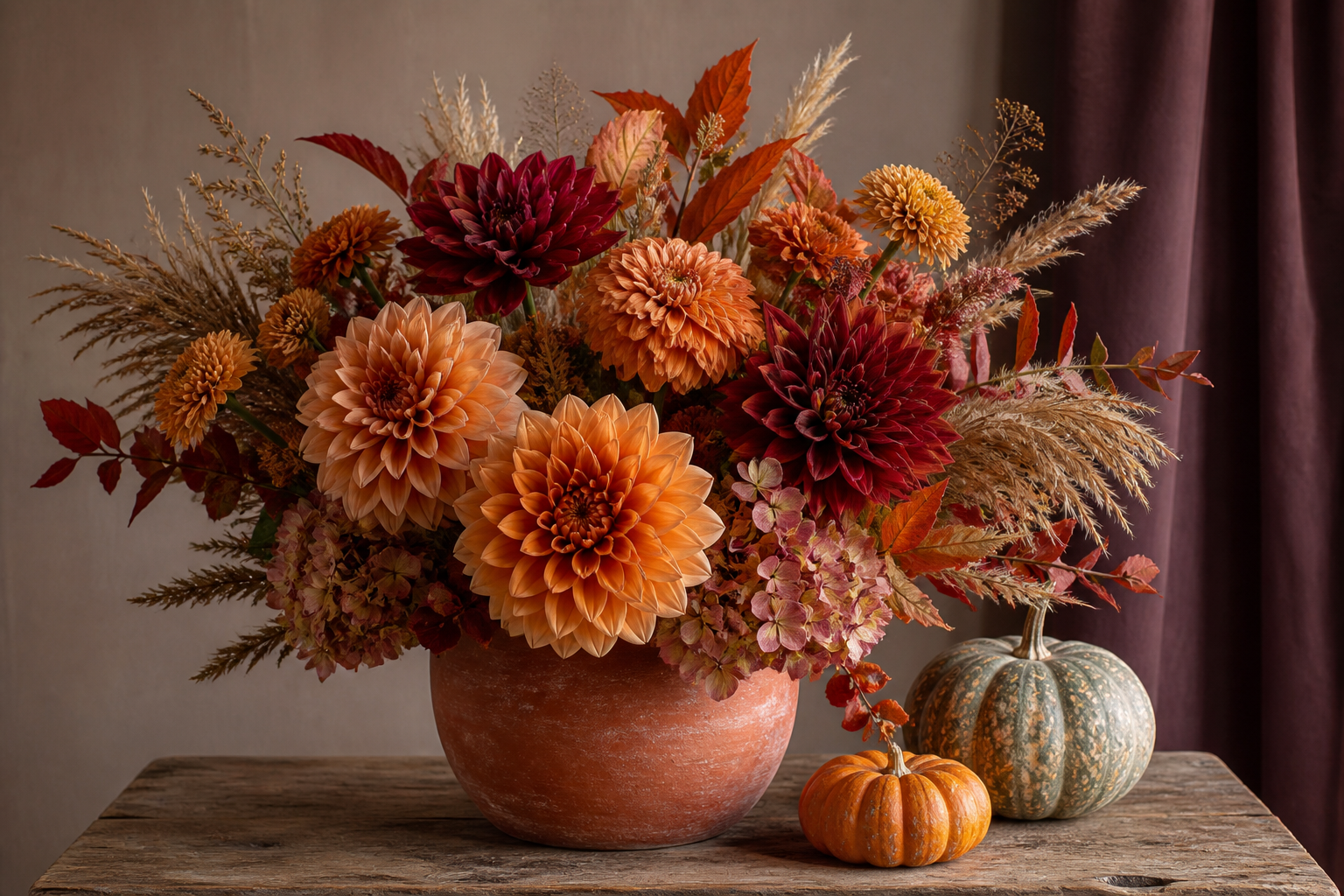 Autumn arrangement with dahlias in terracotta vase