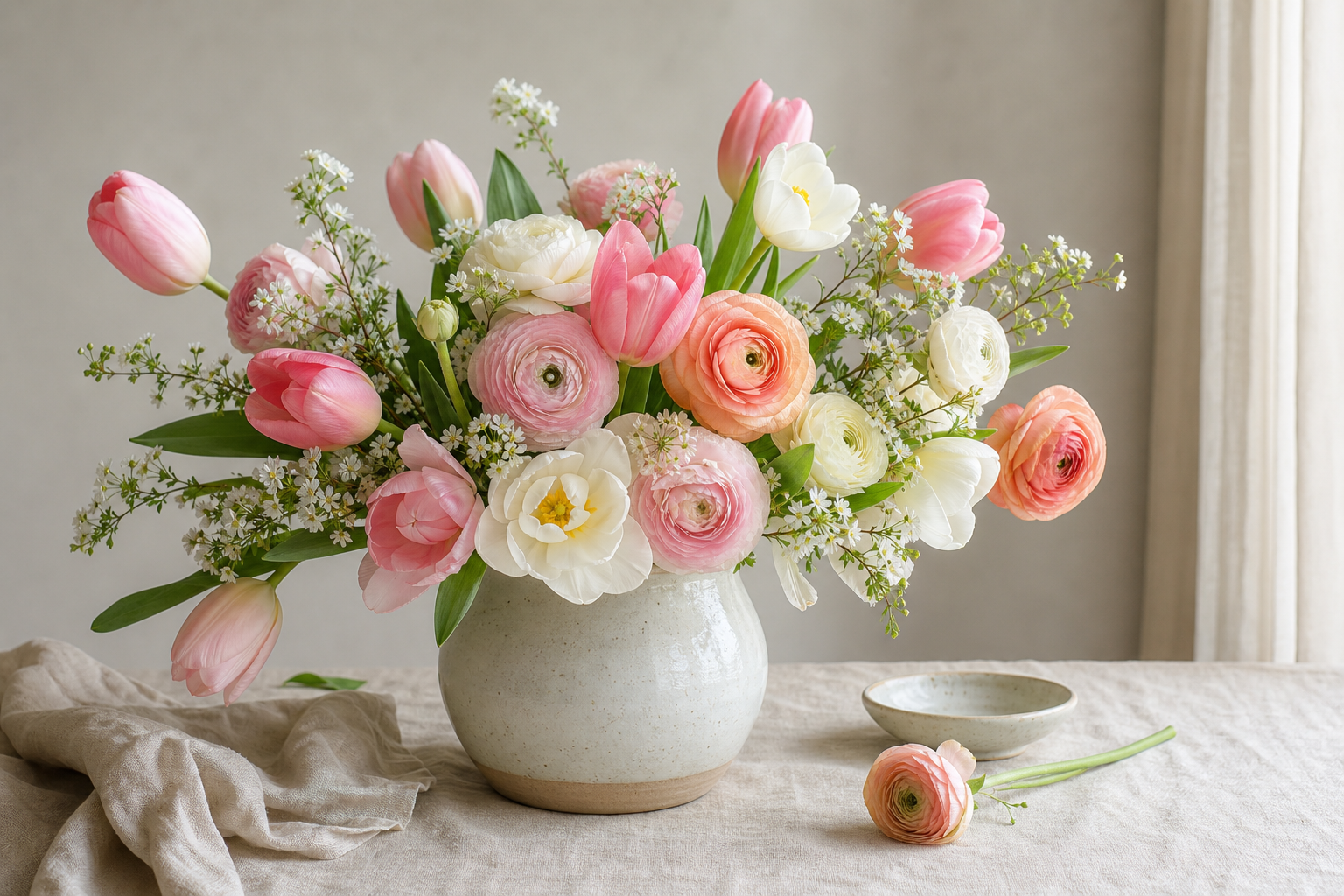 Spring seasonal arrangement with tulips in a ceramic vase