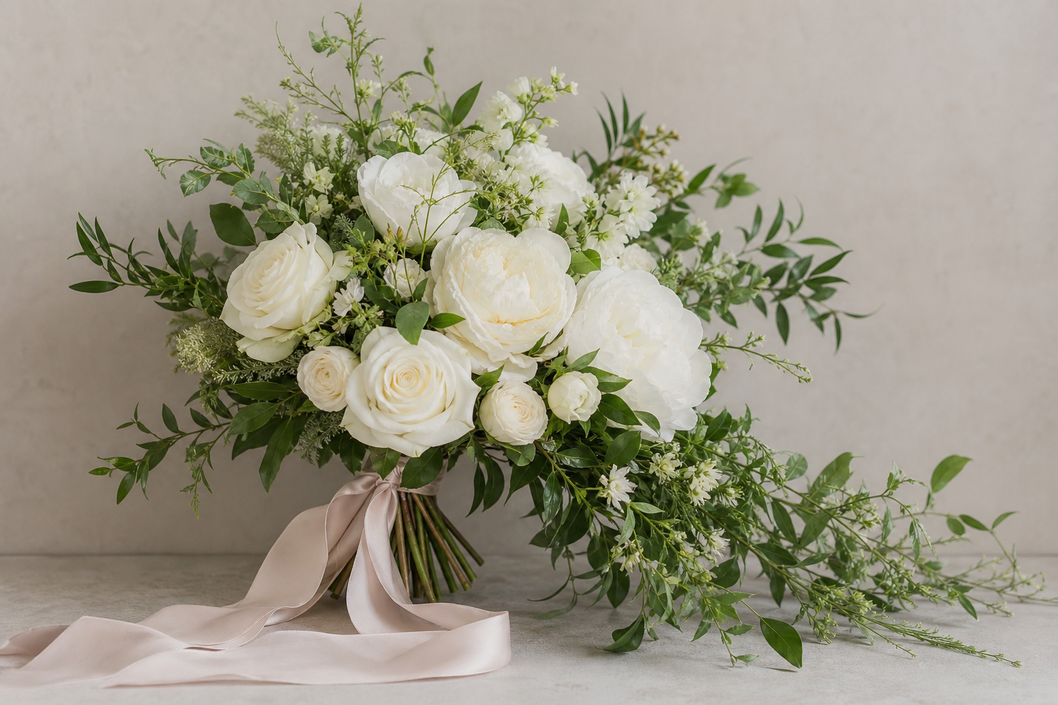 White and blush wedding bouquet with roses and peonies
